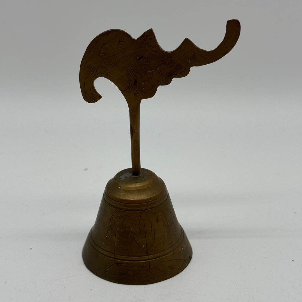Vintage Indian Brass Hand Etched Trunk Up Elephant Hand Bell Lucky Desk Decor